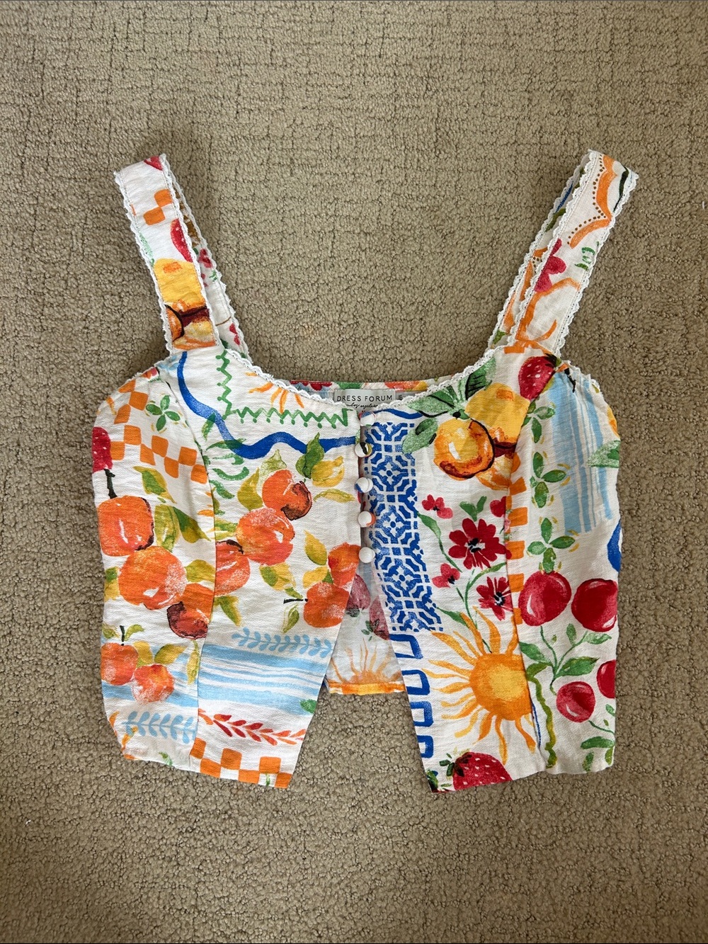 Dress Forum White Multi Floral & Fruit Cropped Tank